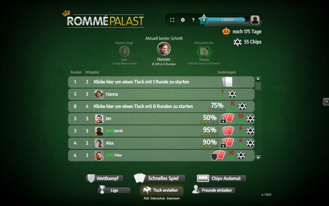 Tisch-Liste und Lobby im Spiele Palast - Desktop-Version
