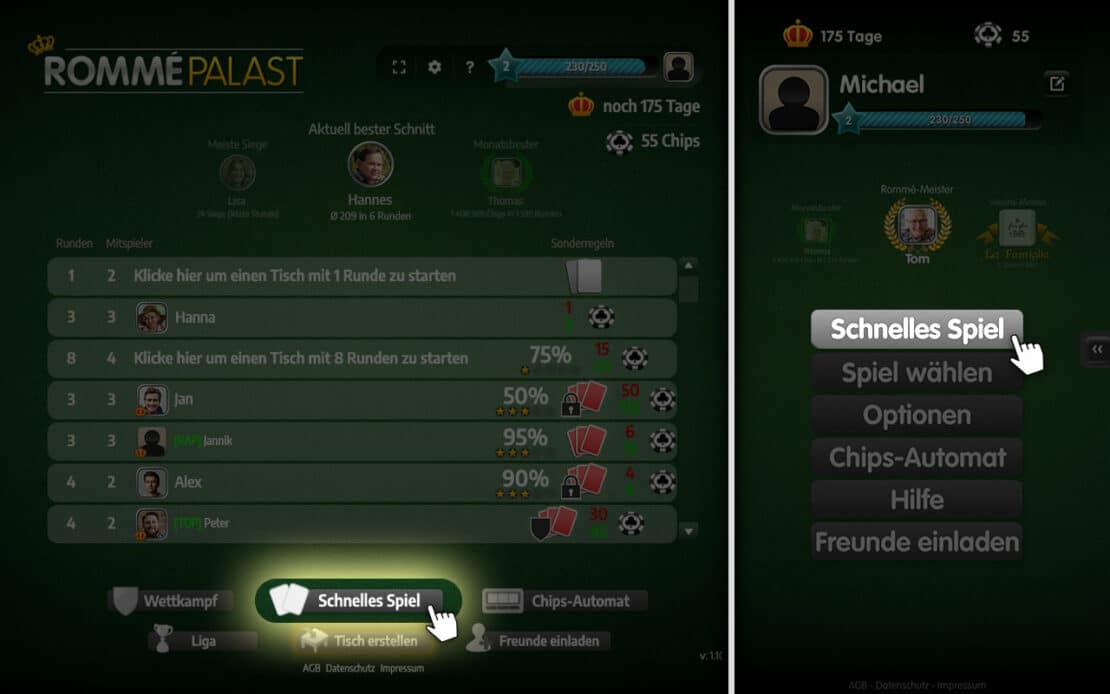 Option "Schnelles Spiel" im Spiele Palast - mobile und Desktop-Version