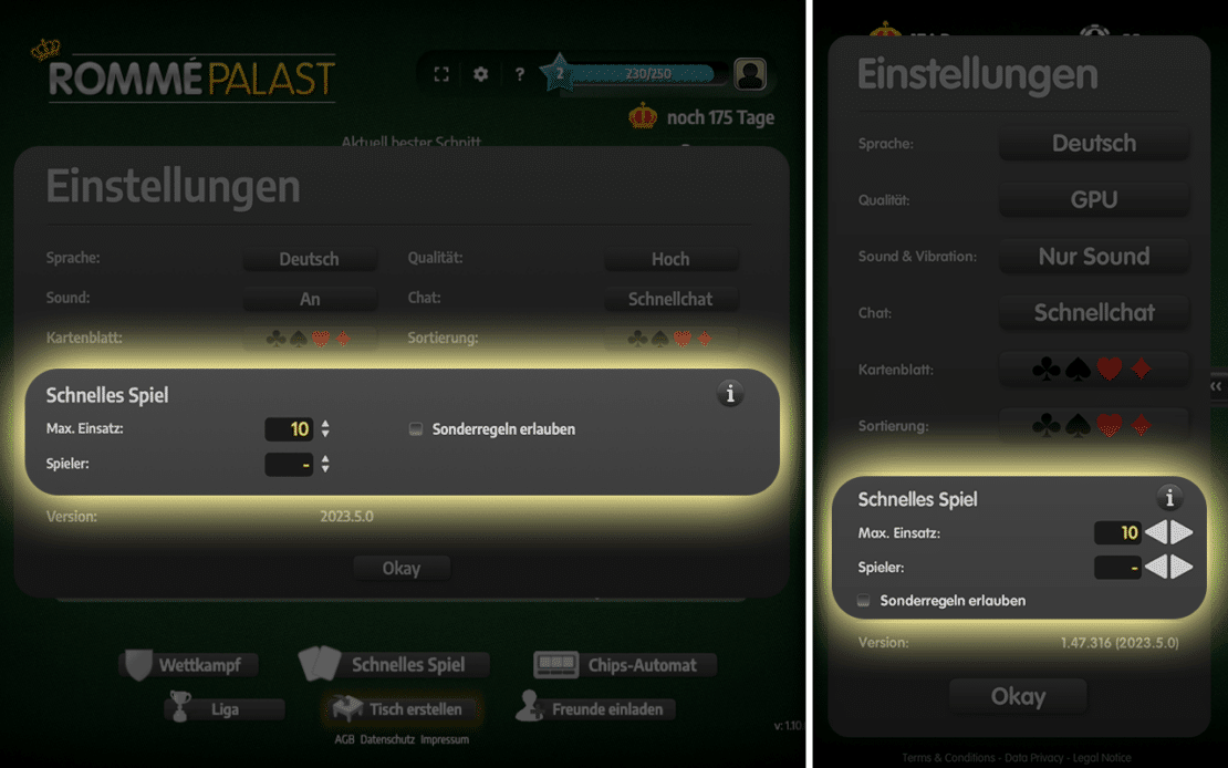 Einstellungen-Fenster im Spiele Palast - mobile und Desktop-Version 1