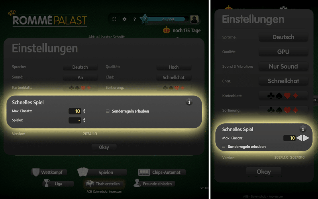 Einstellungen-Fenster im Spiele Palast - mobile und Desktop-Version 1