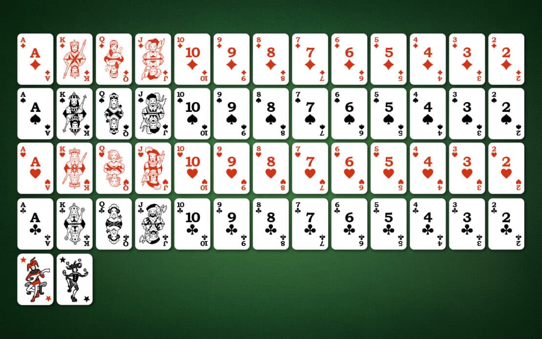 Pokerdeck: 13 Ränge in jeder Farbe plus zwei Joker