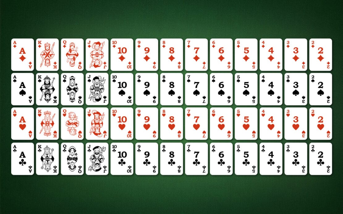Cribbage: 52 playing cards in the four French suits