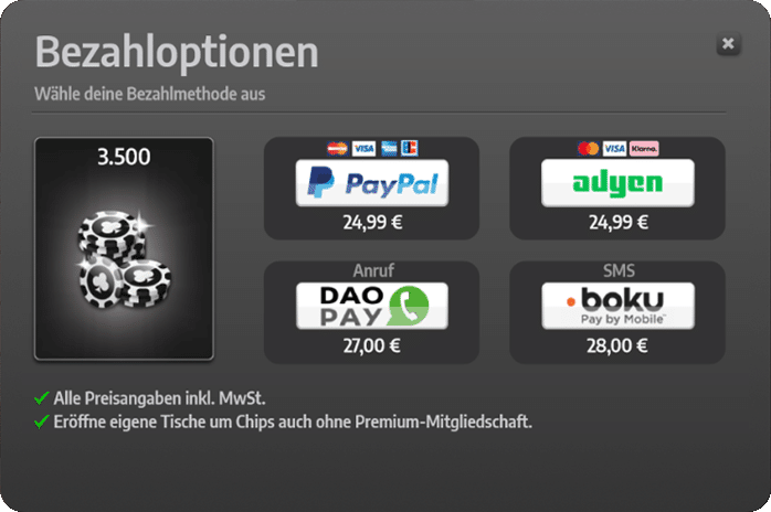 Spiele Palast: Zahlungsoptionen im Spiel-Shop bisher