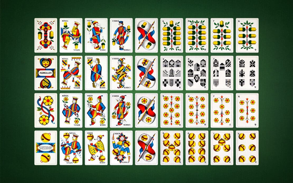Jassen: mit 36 schweizerischen Spielkarten in vier Farben