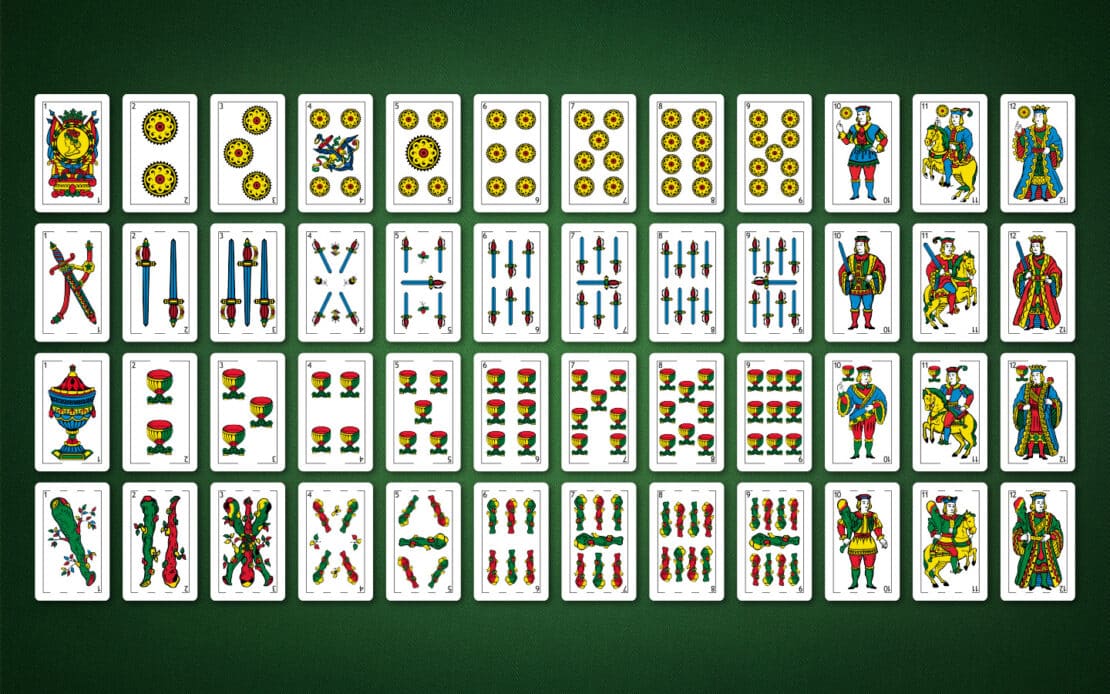 Panguingue: the 40 different cards of the Spanish Cadiz deck each appear eight times.