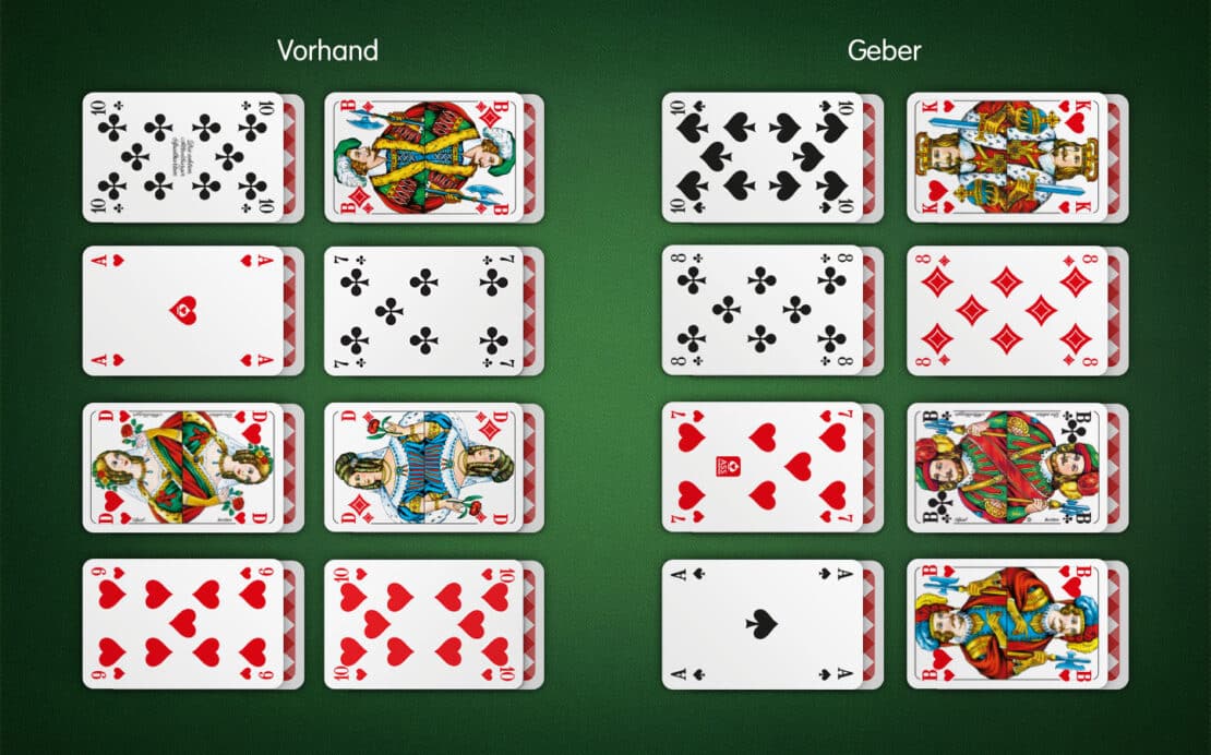 Spielfeld Bauernskat: alle 32 Karten gegeben