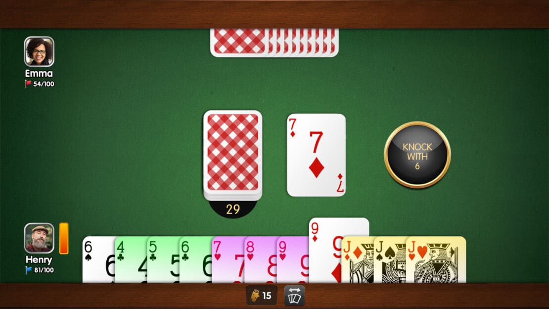 Gin Rummy: knocking with 6 deadwood points in the third turn