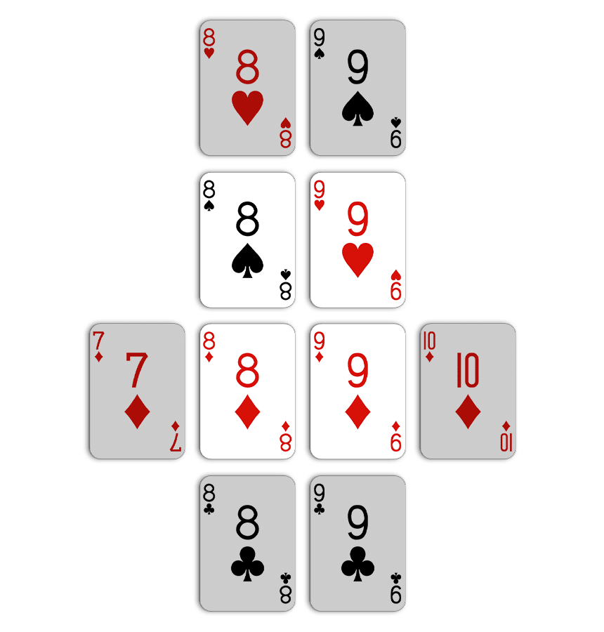 Gin Rummy: four cards with six lay-off options - Eight of Spades, Eight and Nine of Diamonds, and Nine of Hearts