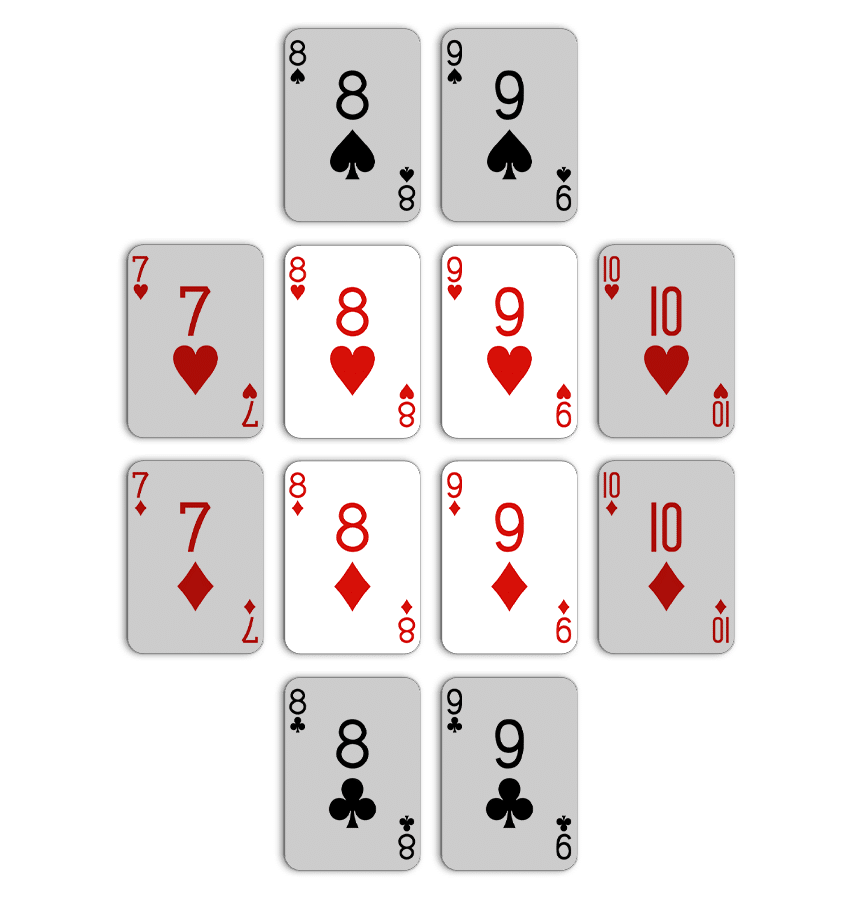 Gin Rummy: four cards with eight lay-off options - Eight and Nine of Diamonds with Eight and Nine of Hearts