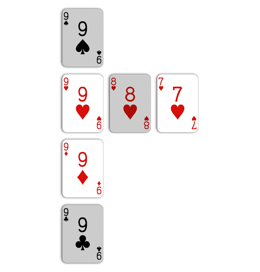 Gin Rummy: three cards with three lay-off options - Seven and Nine of Hearts and Nine of Diamonds