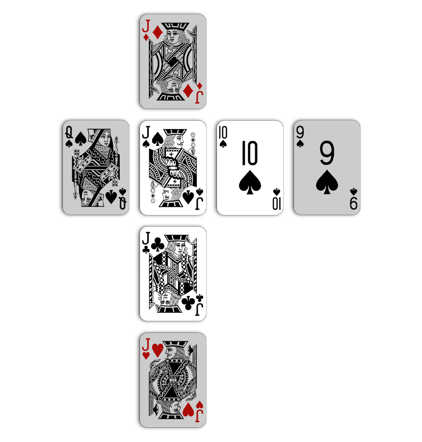 Gin Rummy: three cards with four lay-off options - Ten and Jack of Spades and Jack of Clubs