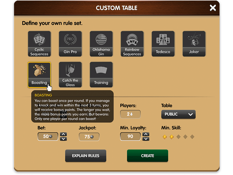 Gin Rummy: Selecting the custom rule Boasting
