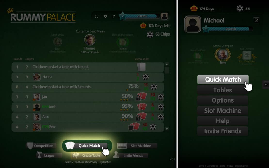 Option "Quick Match" at the Palace of Cards - Desktop and Mobile Version