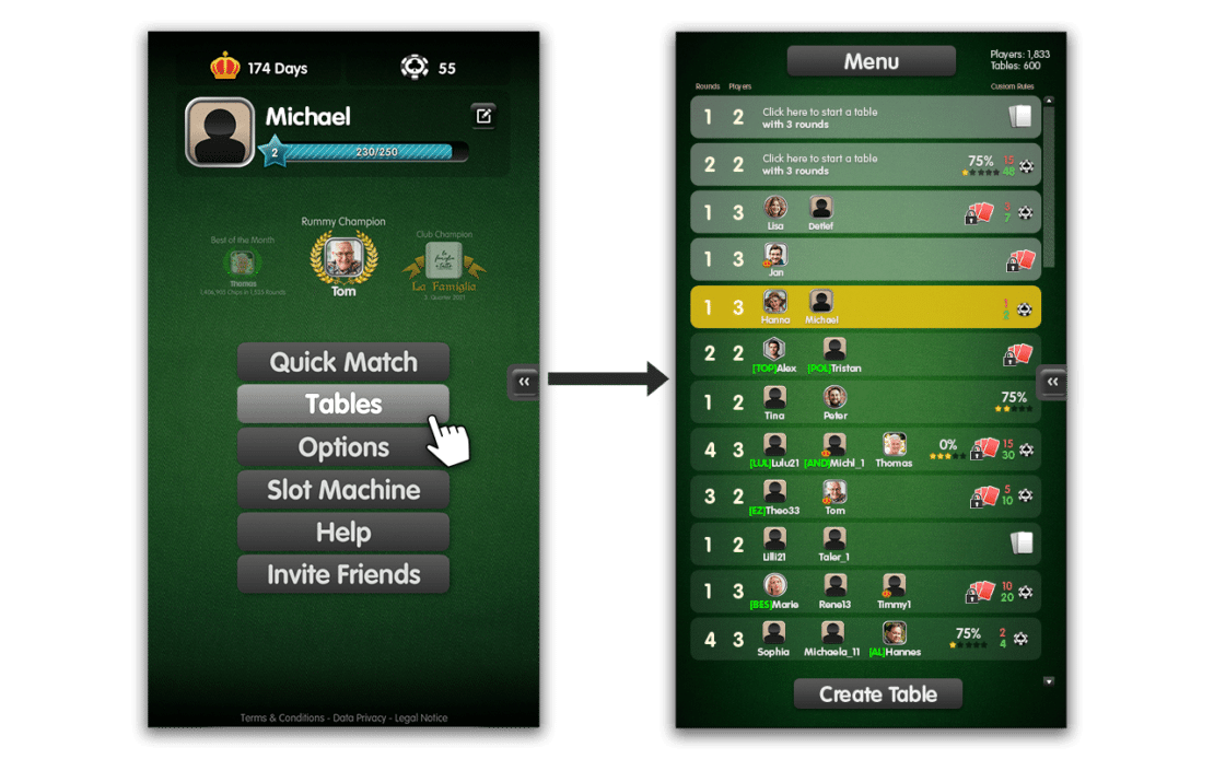 Select a Game at the Table of Cards - Mobile Version