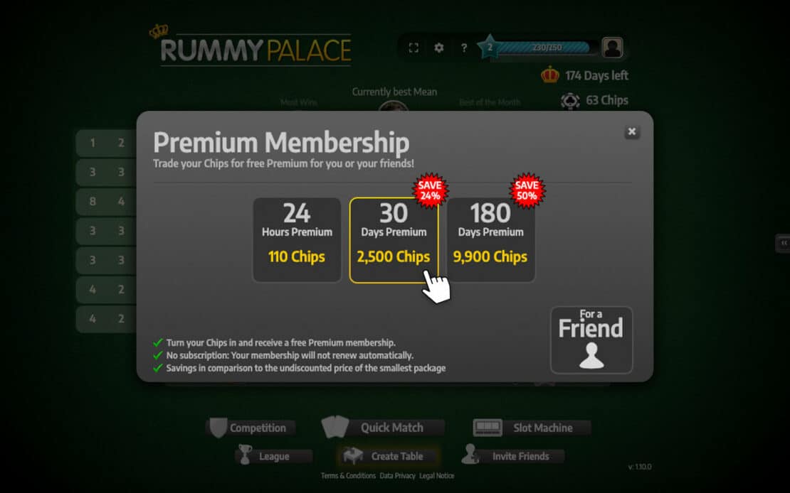 Selecting a Premium Membership for Chips at the Palace of Cards