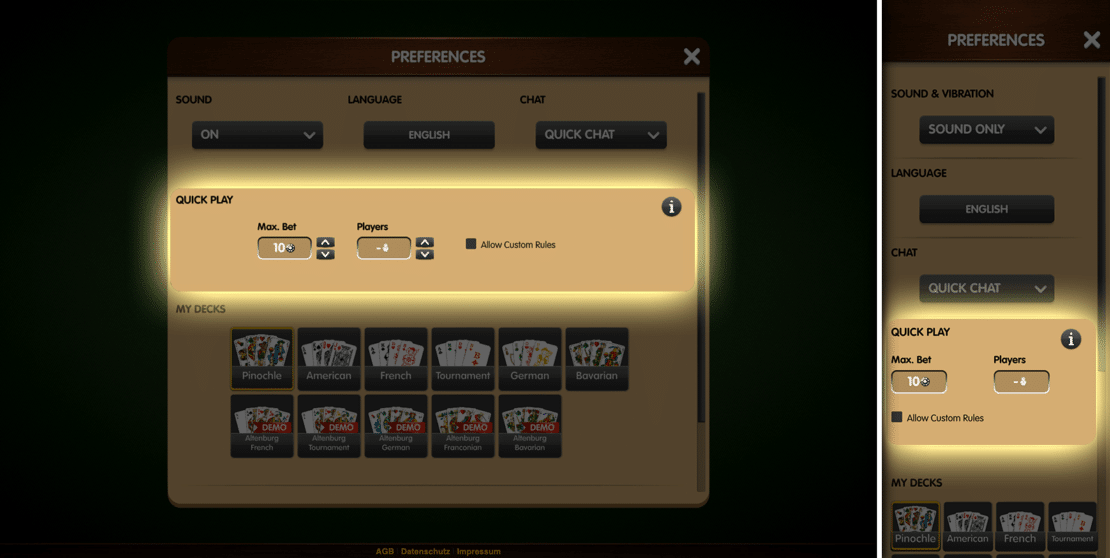 Preferences Pop-Up at the Palace of Cards - Desktop and Mobile Version 1