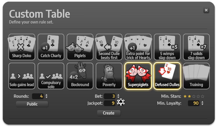 The custom rule menu with the 2 new doppelkopf rules